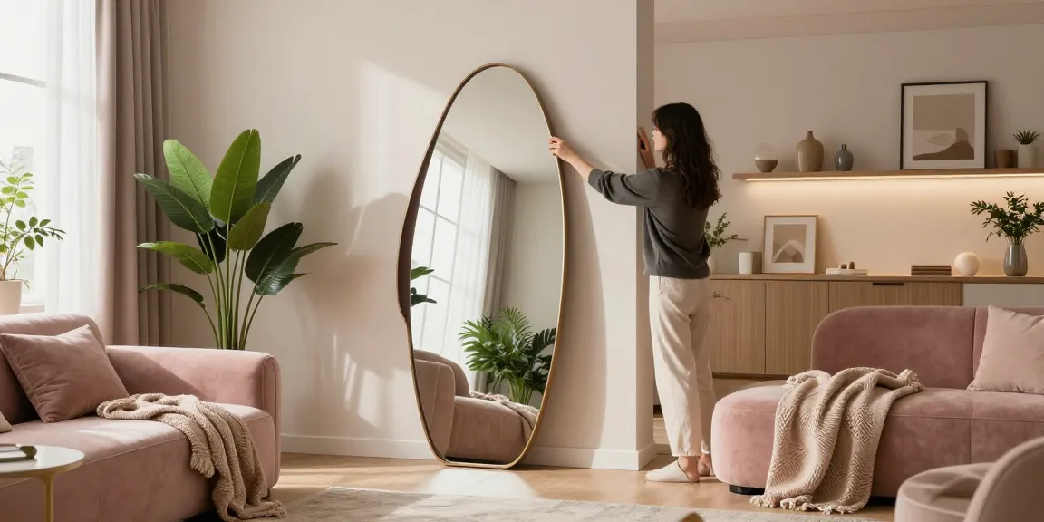 Stilvoller asymmetrischer Spiegel, der die moderne Wohnraumdekoration mit sanften Farben und ambientem Licht verstärkt