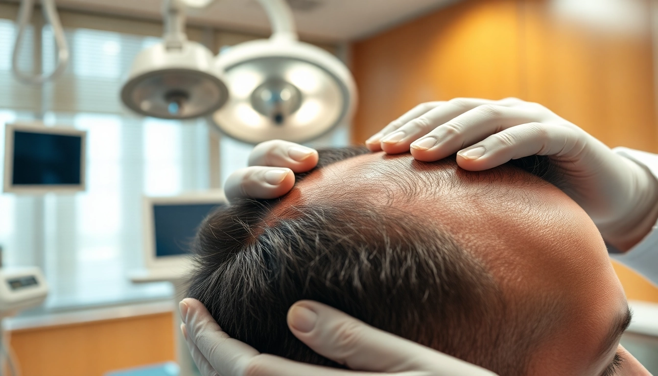Erfahrene Haartransplantation Türkei kosten, sanfte Untersuchung des Patienten in moderner Klinik.