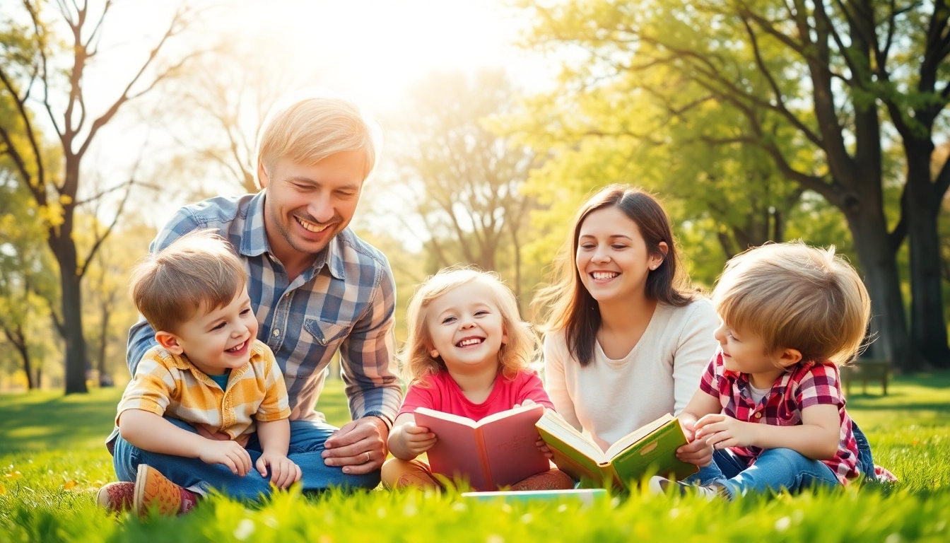 Kindererziehung in einem Park: Eltern und Kinder spielen glücklich zusammen, was die liebevolle Beziehung zeigt.
