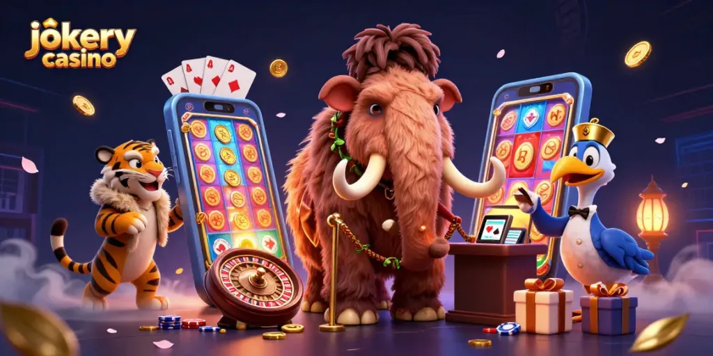 Join the fun at jokery casino with a dynamic scene of characters, vibrant games, and excitement.