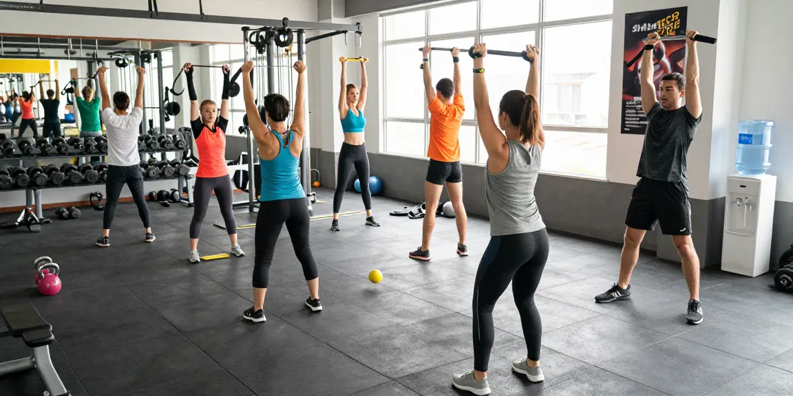 Aktive Fitness-Enthusiasten im Selliza Shop Fitnessstudio, die verschiedene Übungen ausführen.