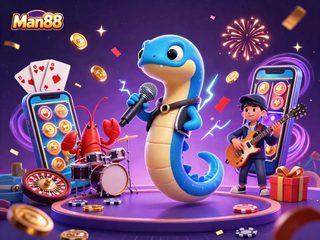 Experience the excitement of Man88 with a vibrant underwater casino scene featuring musical characters and colorful gaming elements.