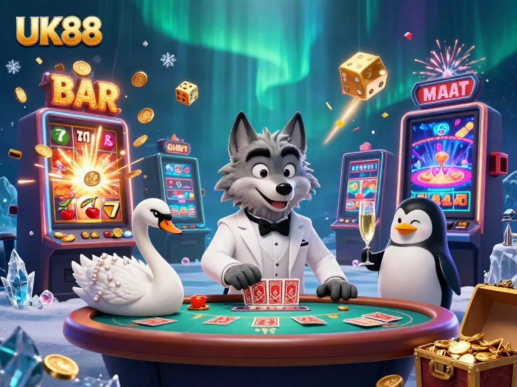 Experience the excitement of UK88 with this dynamic 3D casino scene featuring colorful characters, thrilling games, and vibrant visuals.