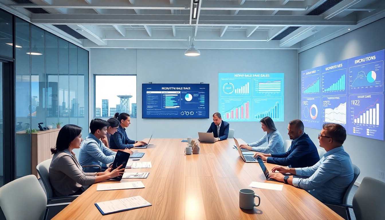 Fokussierte Fachleute in einem modernen Büro, die datengestützte Strategien nutzen, um Top-Vertriebstalente durch einen innovativen Ansatz zu rekrutieren.