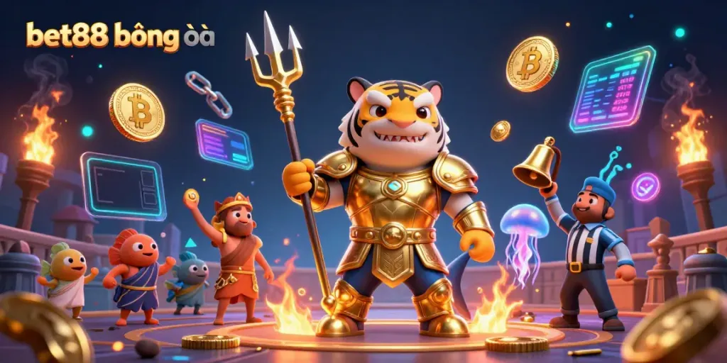 Engaging scene depicting bet88 bóng đá with a fierce tiger shark in gladiator armor amidst blockchain elements and cheering fish.
