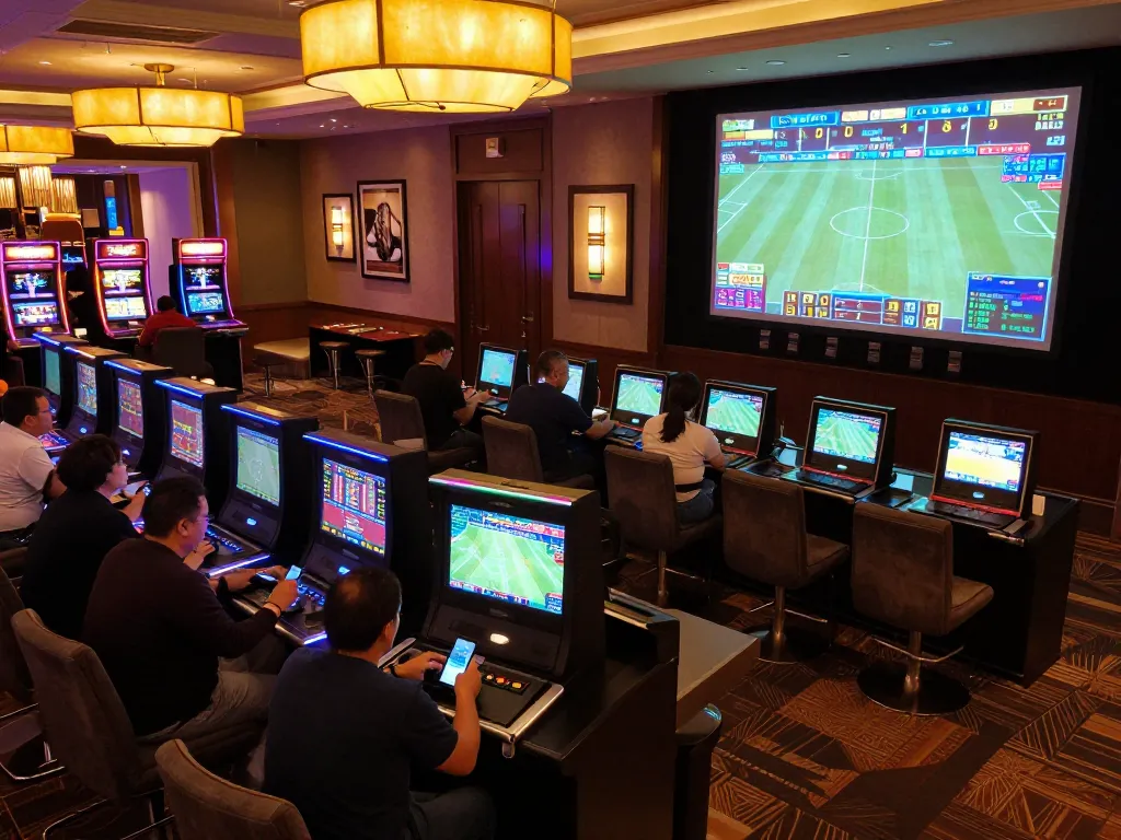 Engaged bettors analyzing odds and placing bets at a lively mk8th sports betting lounge.