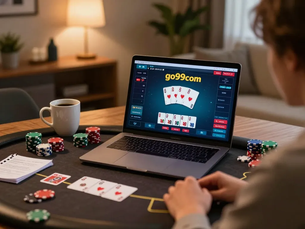 Engaging poker gameplay on go99com displayed on a laptop in a cozy home setting.