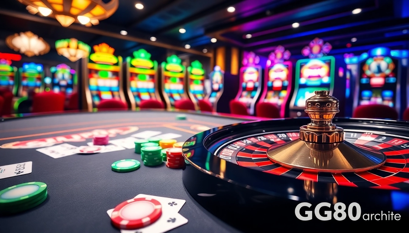 Experience the excitement of online gaming at gg88.archi with vibrant casino tables and slot machines.