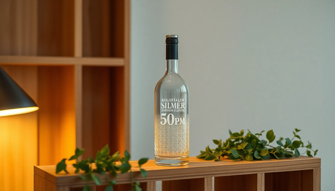 Kolloidales Silber 50 ppm in einem eleganten Glas, umgeben von Kräutern auf einem Holzregal.