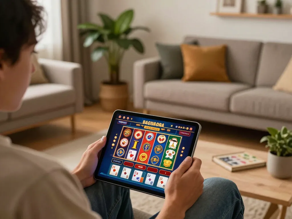 KJC player enjoying online casino gaming in a cozy living room setting with a tablet and strategic notes