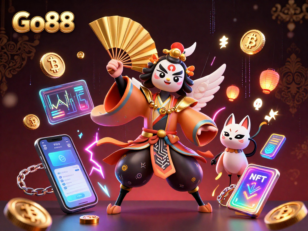 Win big with Go88 in this vibrant 3D casino illustration showing traditional characters interacting with modern digital elements.