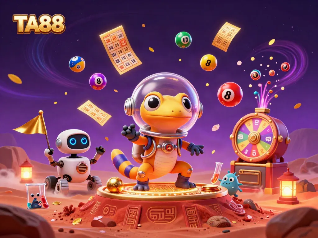 Engage in thrilling discoveries at TA88 with a cartoon Martian gecko amidst a vibrant casino scene.