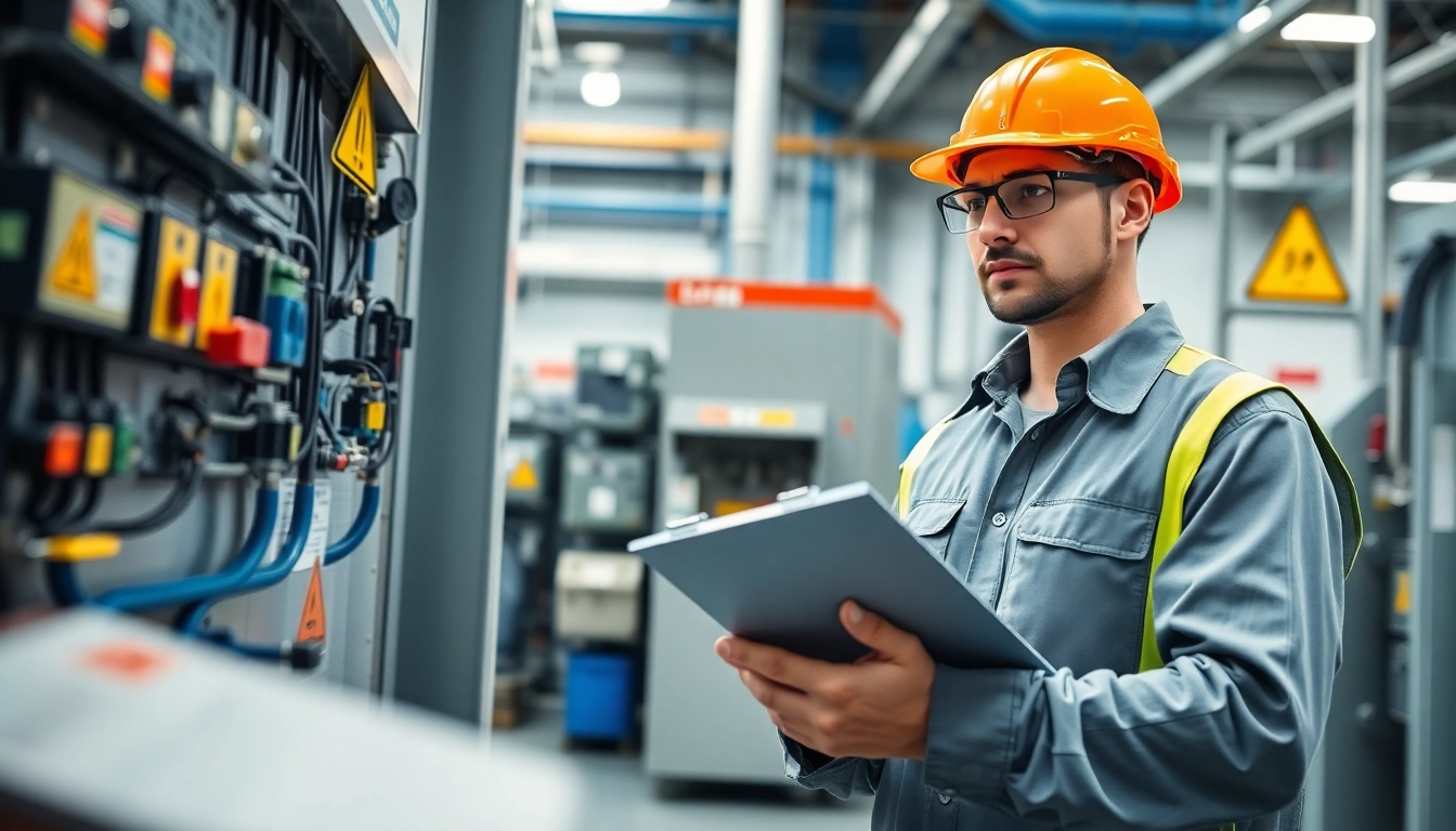 Technician performing DGUV V3 Prüfung in a professional industrial environment