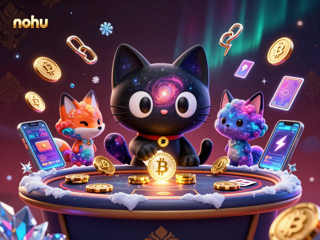 Nohu's cosmic casino table lures players with golden chips and ethereal companions.