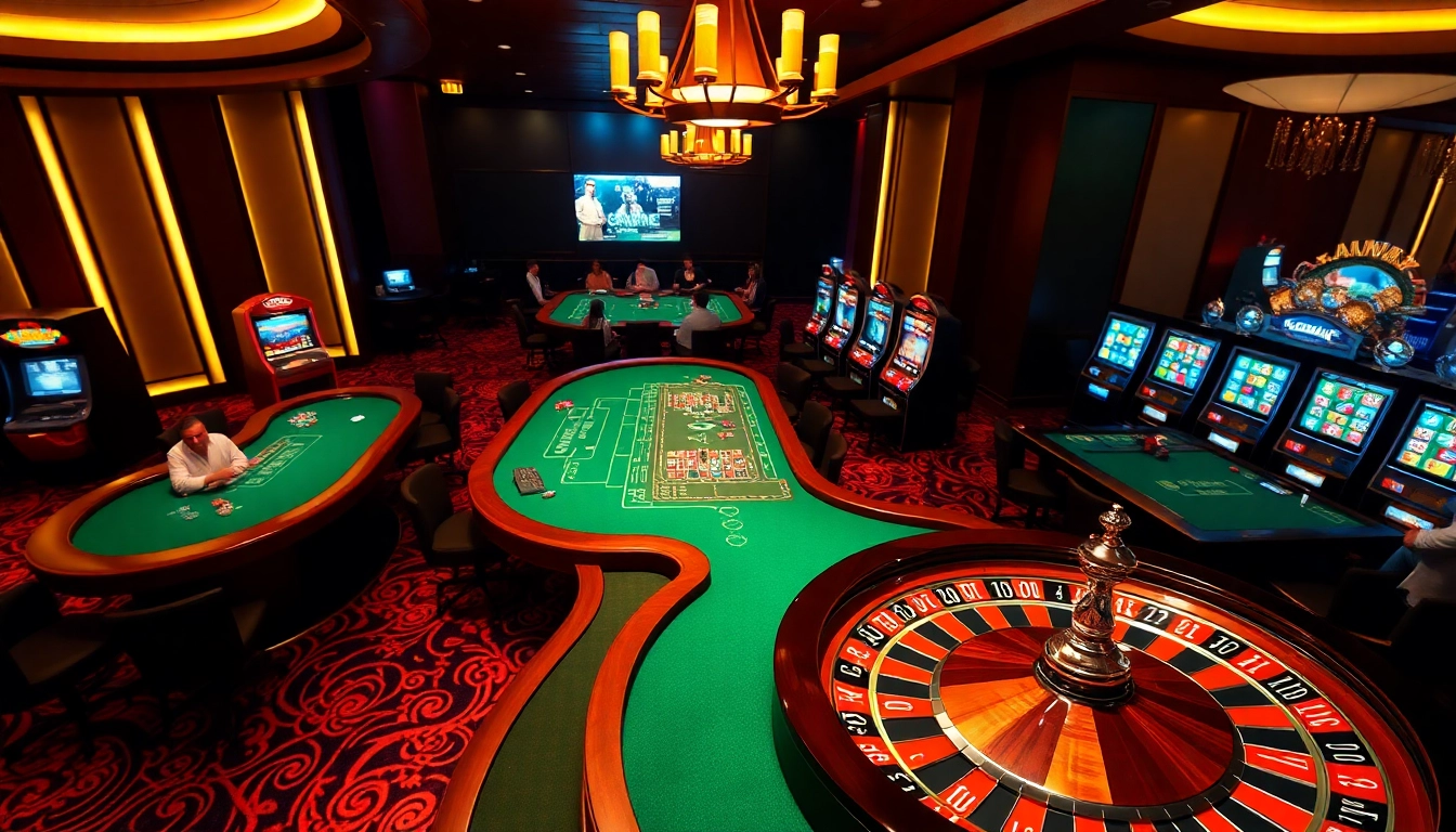 Scenă palpitantă de Casino online Germania care prezintă mese vibrante, jucători implicați și interfețe de jocuri digitale.