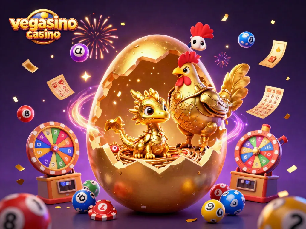 Experience exciting wins at vegasino casino with a golden dragon and poker chips!