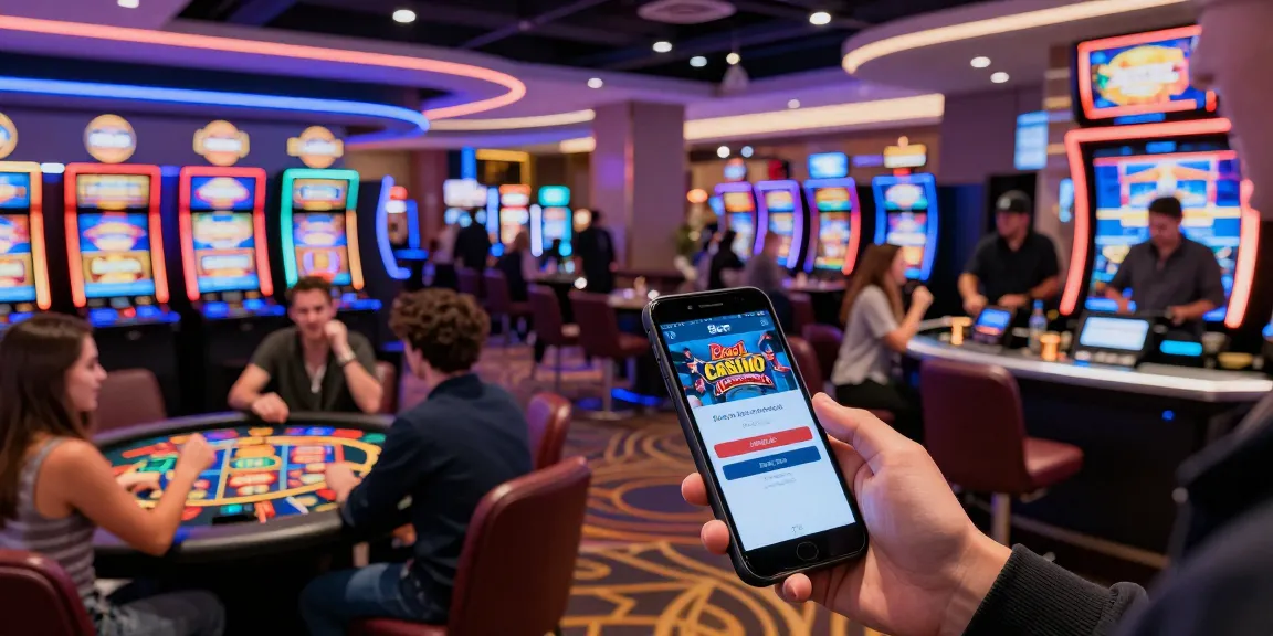 Aufregender Moment beim Beef Casino Login mit Spielern und Neonlichtern, die eine lebhafte Casino-Atmosphäre schaffen.