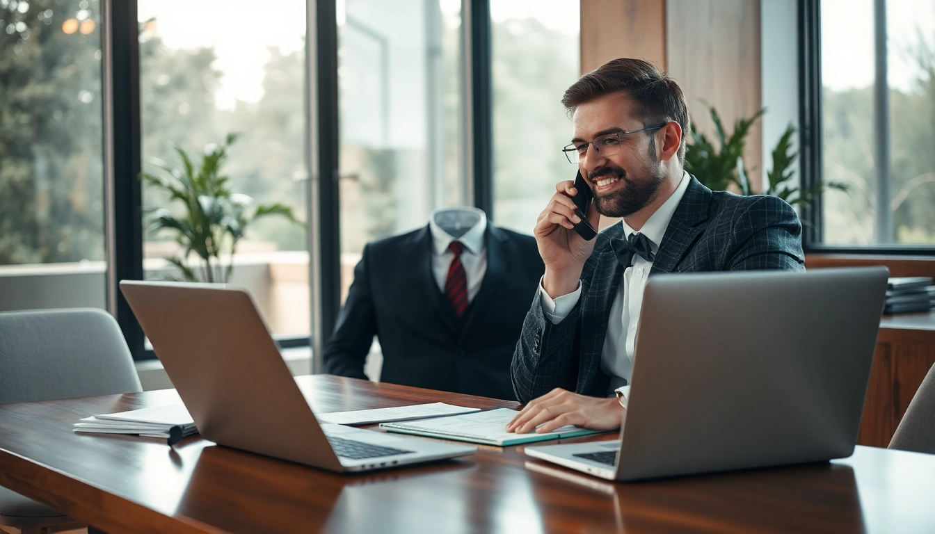 Headhunter Gastronomie am Telefon, arbeitet in einem modernen Büro mit natürlichem Licht und stilvollem Schreibtisch.