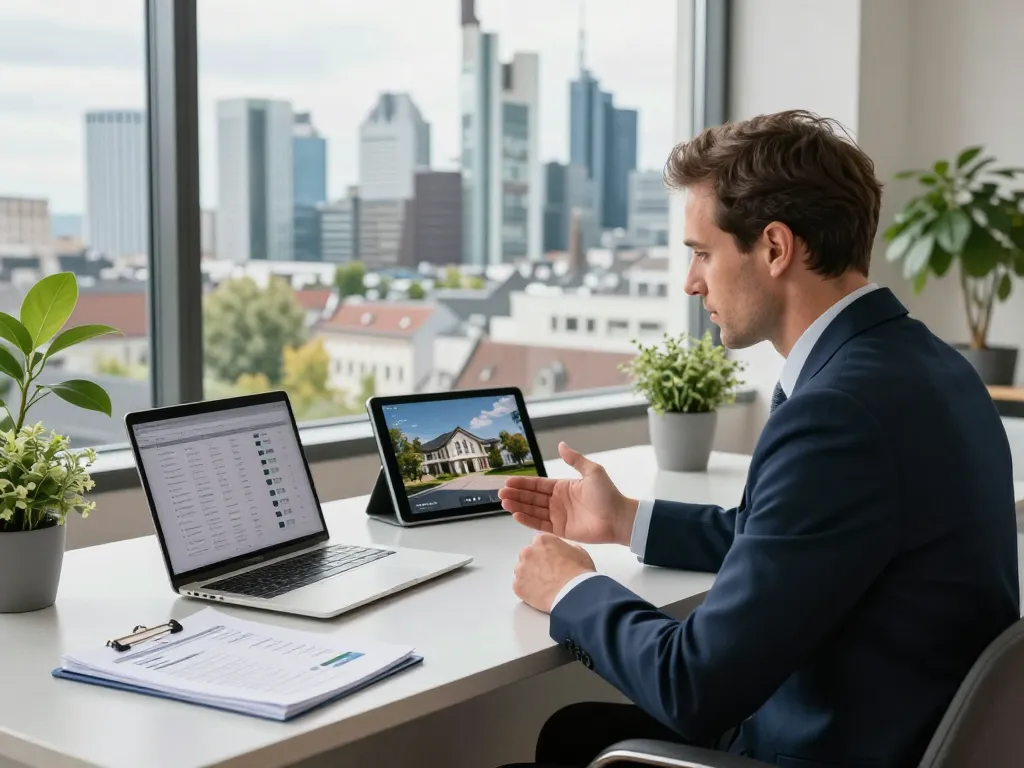 Erfahrener Immobilienmakler Frankfurt Riedberg berät Kunden in einem modernen Büro mit Skyline-Hintergrund, der die Immobilienkompetenz symbolisiert.