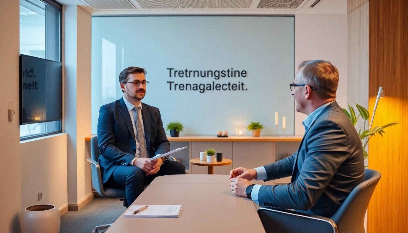 Berater führt Trennungsmanagement Unternehmen mit einem Klienten in einem hellen, modernen Büro.