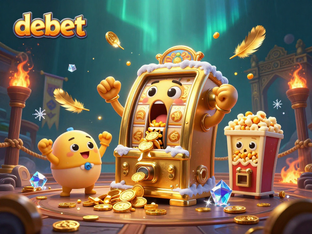 Experience the excitement of debet with a golden slot machine hitting a jackpot surrounded by cheering characters.