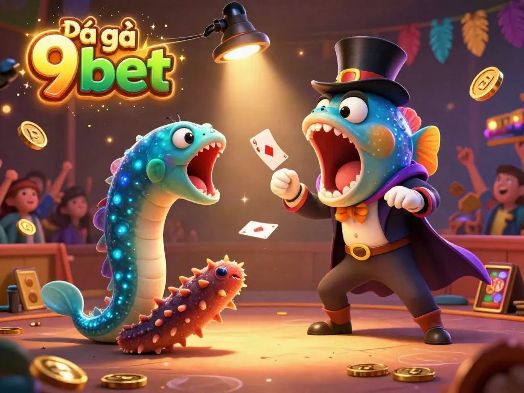 Experience the thrill of Đá gà 9bet with a colorful 3D magic act in a dynamic cockfighting arena.