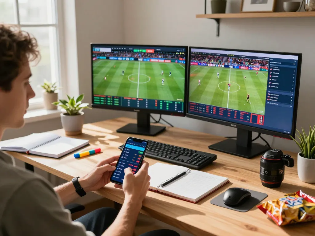Engaging in online sports betting with mb66an's live odds displayed on a smartphone and multiple screens.