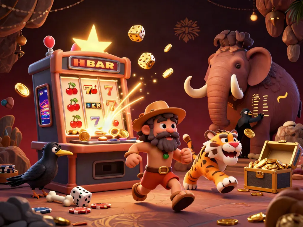 Engage in thrilling gameplay with Okking's prehistoric casino featuring a lively caveman, sabertooth tiger, and crow.