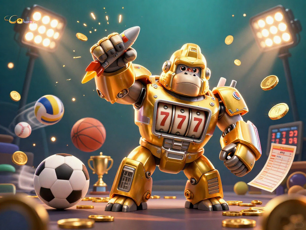 Experience action-packed gameplay with Sunwin as golden gorilla mech punches upward surrounded by dynamic sports elements.