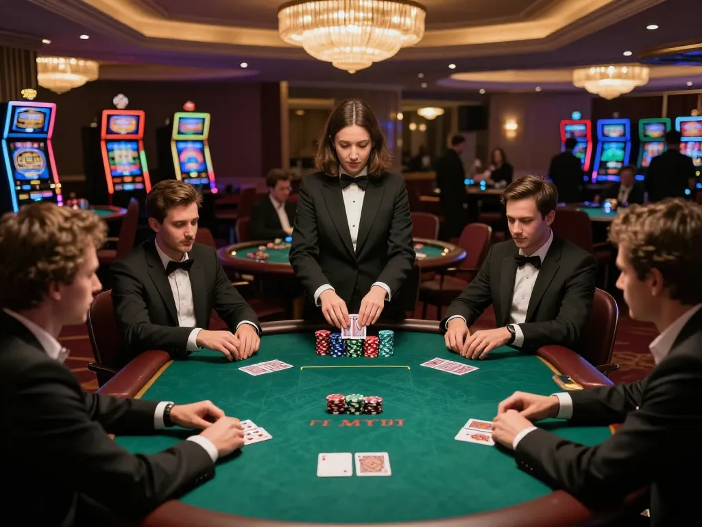 KJC poker players strategizing in a luxurious casino, with attentive dealer and soft chandelier lighting creating an upscale gambling atmosphere.