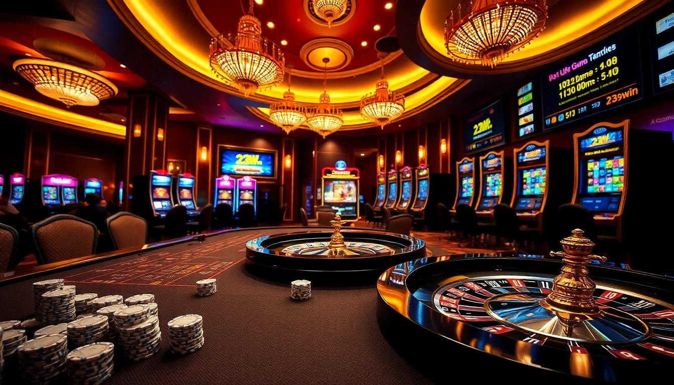 A lively casino scene at 23win featuring players engaged in exciting games and vibrant promotions.