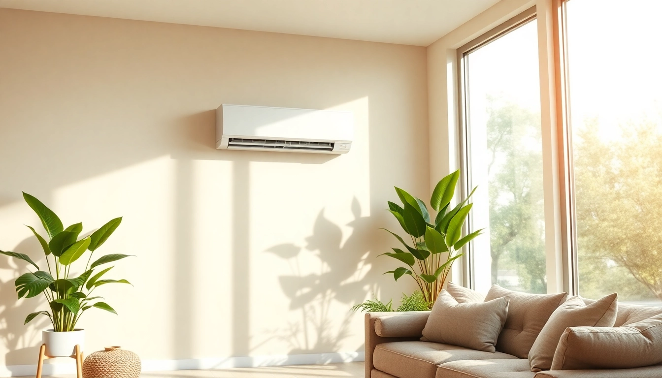 Efficient Klimaanlagen kaufen: Sleek wall-mounted air conditioner in a modern, bright living space.