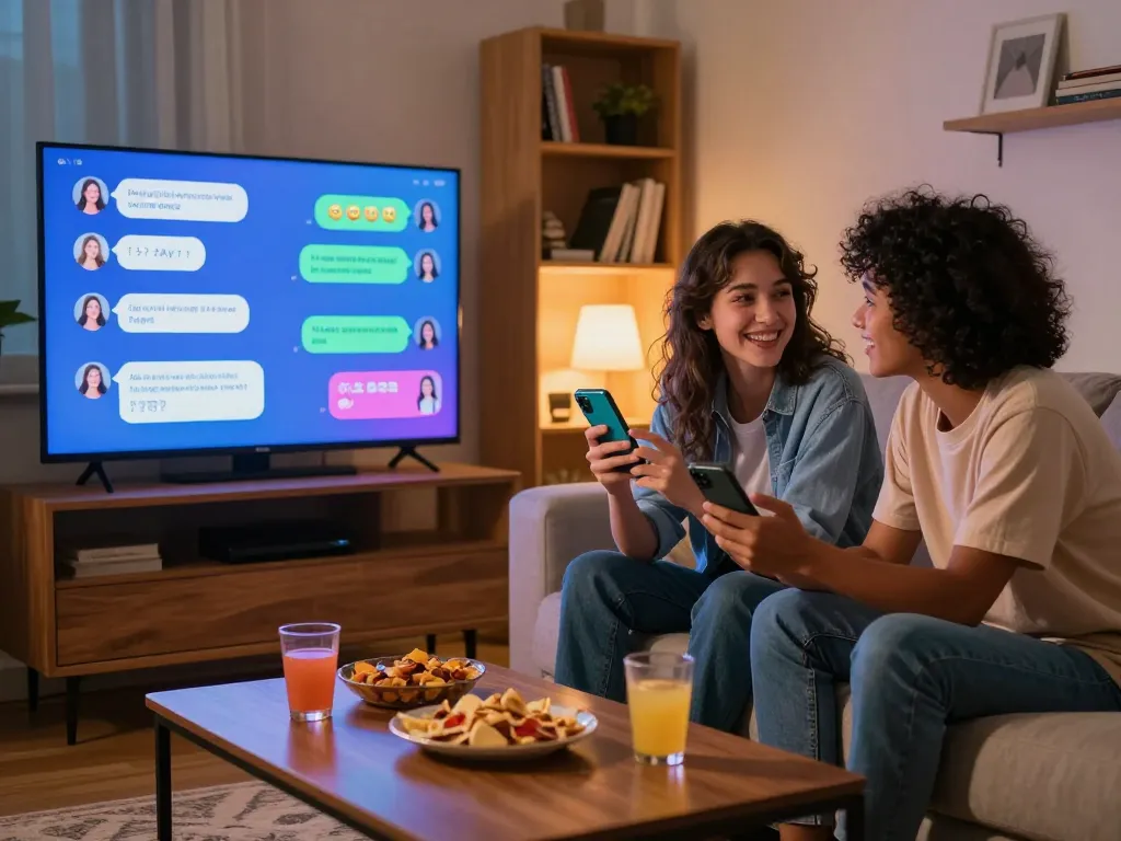 Friends engaging in sexting ai conversations in a cozy urban living room.
