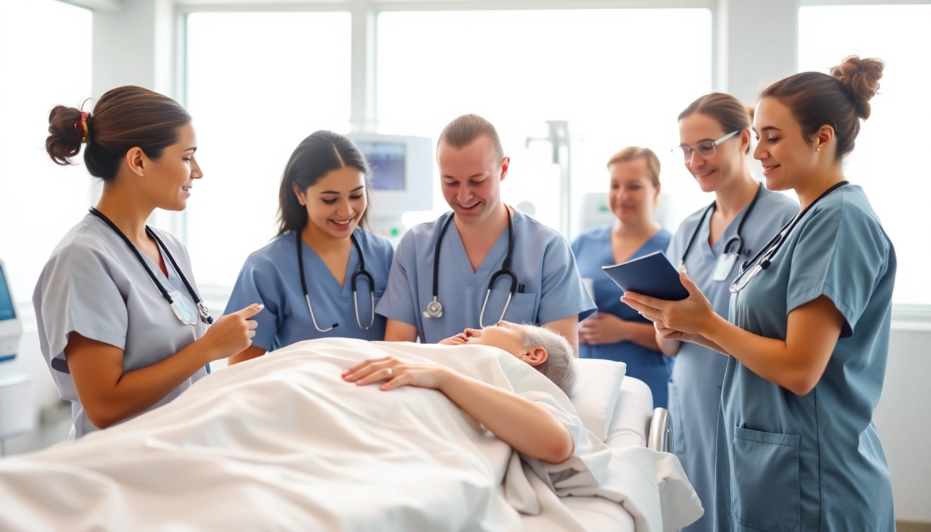 Intensivpflege Frankfurt in action, dedicated nurses attending to a patient in a bright hospital setting.
