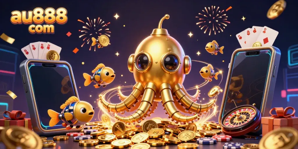 Experience thrilling gameplay at au888 com with a colorful slot scene featuring golden coins and dynamic casino elements.