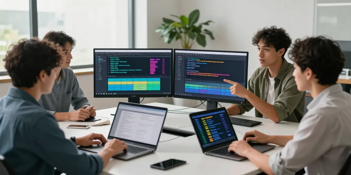 Professionelles Team bei der Arbeit mit dem Untertitel-Übersetzer in modernen Büroumgebung.