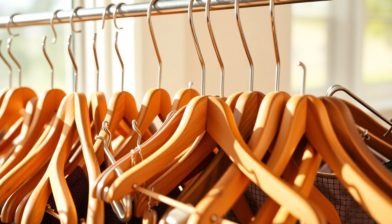 Kleiderbügel Hersteller showcasing premium wooden and metal hangers for elegant clothing storage solutions.