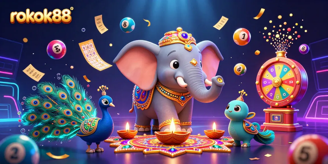 Experience thrilling wins with rokok88 in this vibrant, dynamic casino scene featuring lucky gaming elements and festive characters.
