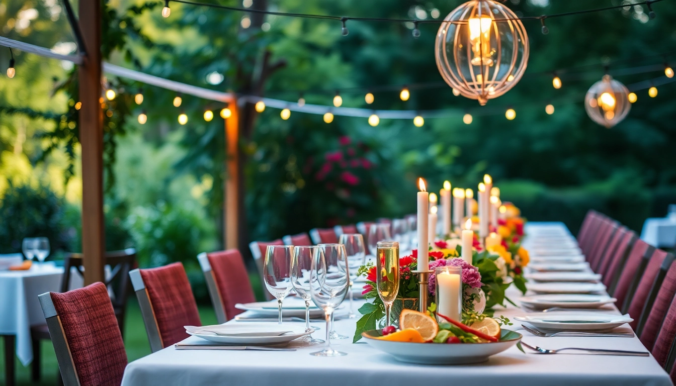 Catering-Event mit frisch zubereiteten Gerichten auf einem schön dekorierten Tisch im Freien.