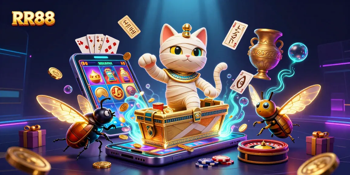Experience RR88 with a vibrant scene featuring a mummy cat and exciting slot games!