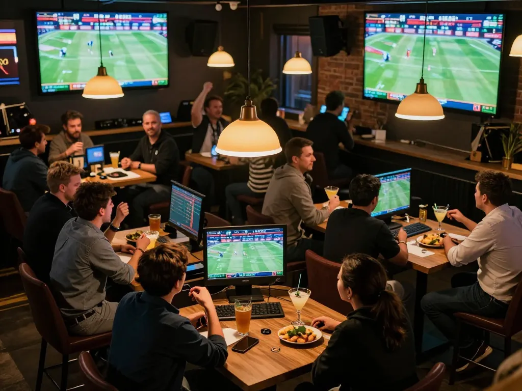 The excitement of sports betting at f168 as fans cheer while placing bets in a lively sports bar setting
