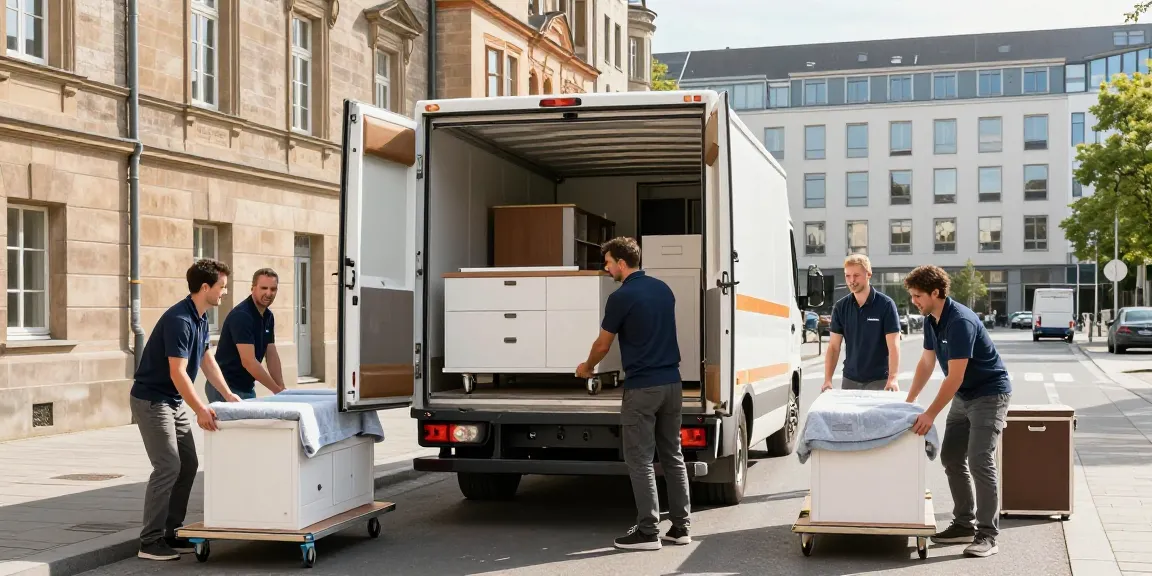 Umzugsunternehmen Darmstadt-Team lädt Möbel sicher in Umzugstruck mit Teamarbeit und modernem Equipment.
