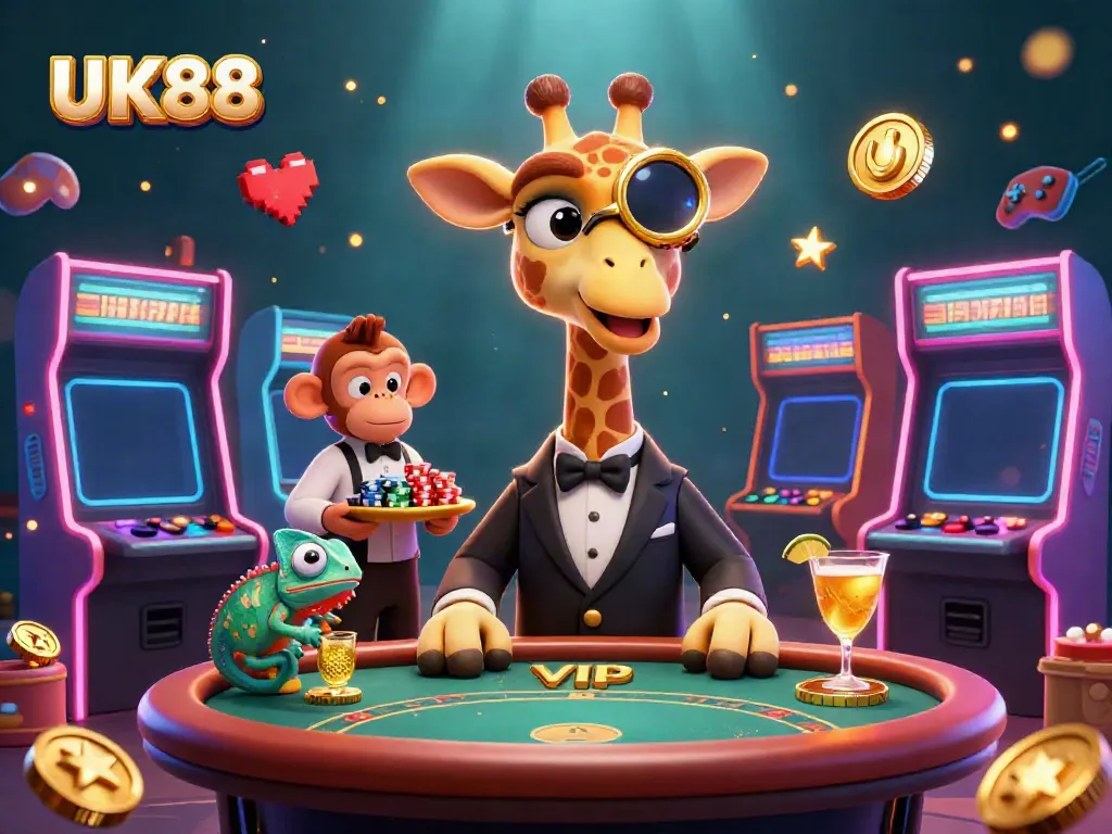 Experience the excitement of UK88 with a lively 3D illustration showcasing a vibrant casino scene.