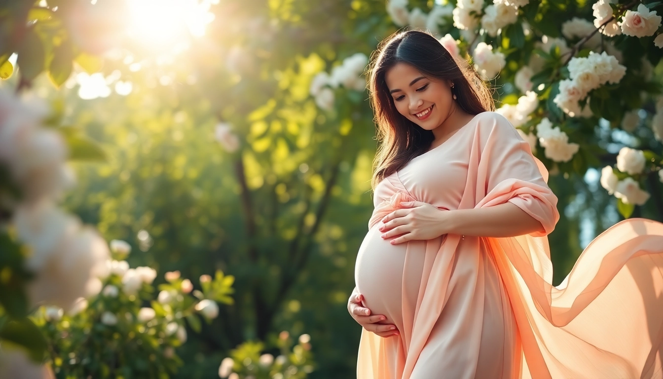 Fange die Schönheit der Babybauch Fotografie ein mit einer schwangeren Frau in der Natur.