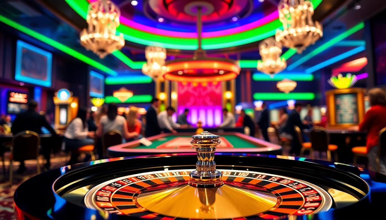 Erleben Sie das aufregende Ambiente von casino spiele.de mit Spielern und einem Roulette-Tisch.