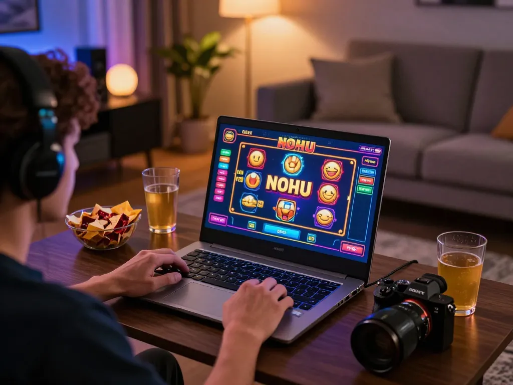 Nohu slot game experience showcasing a player engaged in online gambling from home, highlighting strategic gameplay.