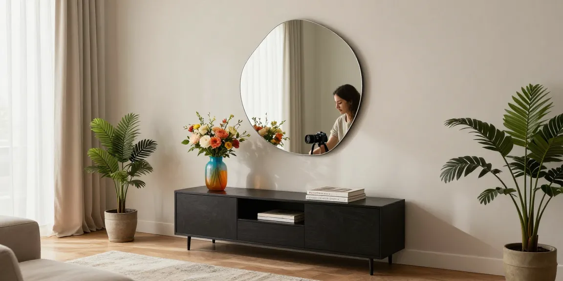 Asymmetrischer Spiegel, der eine stilvolle Wohnzimmerdekoration aufwertet und modernes Innendesign zeigt.