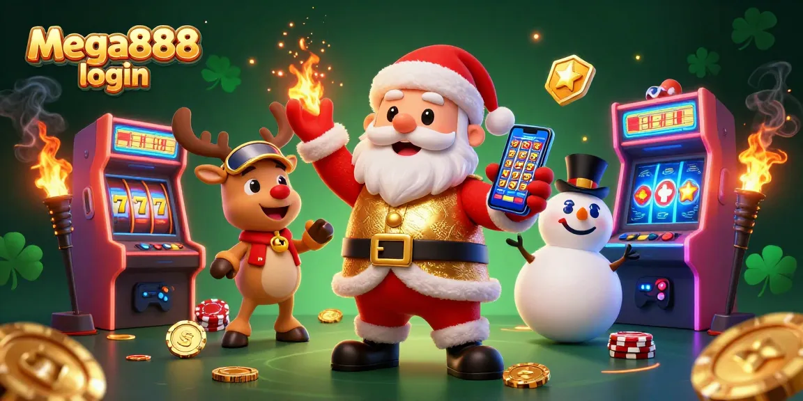Experience mega888 login at our vibrant casino, featuring Santa and friends celebrating slots!