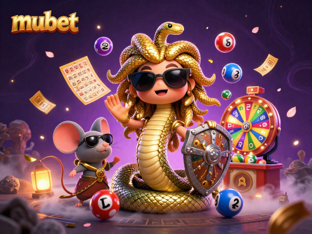 Engage with mubet through colorful lottery balls and friendly characters in a lively casino illustration.