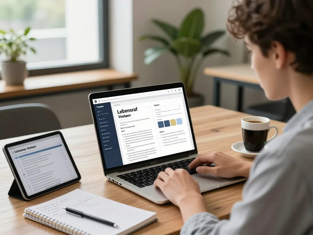 Job-Suchender erstellt eine angepasste Lebenslauf Vorlage mit einem KI-Lebenslauf-Builder in einem modernen Arbeitsbereich